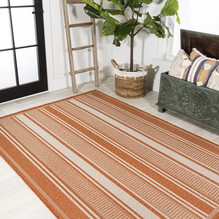 Orange And Cream Striped Indoor Outdoor Area Rug Photo 7