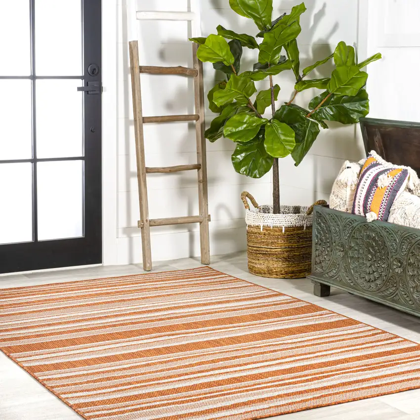 Orange And Cream Striped Indoor Outdoor Area Rug Photo 7