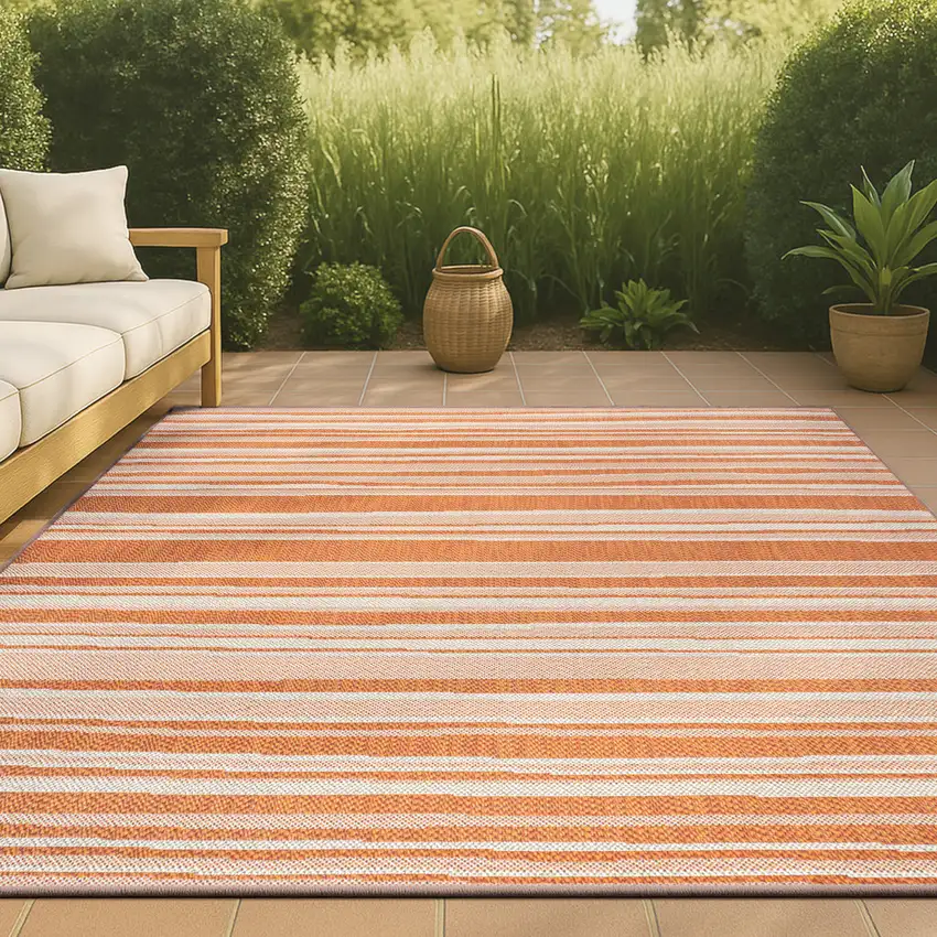 Orange And Cream Striped Indoor Outdoor Area Rug Photo 3
