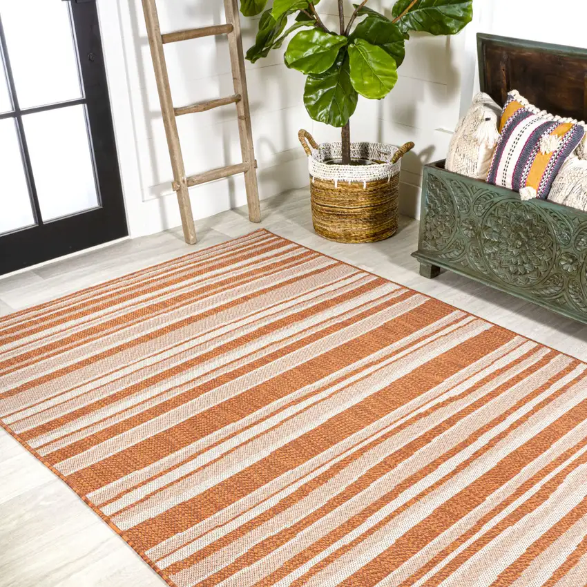 Orange And Cream Striped Indoor Outdoor Area Rug Photo 6
