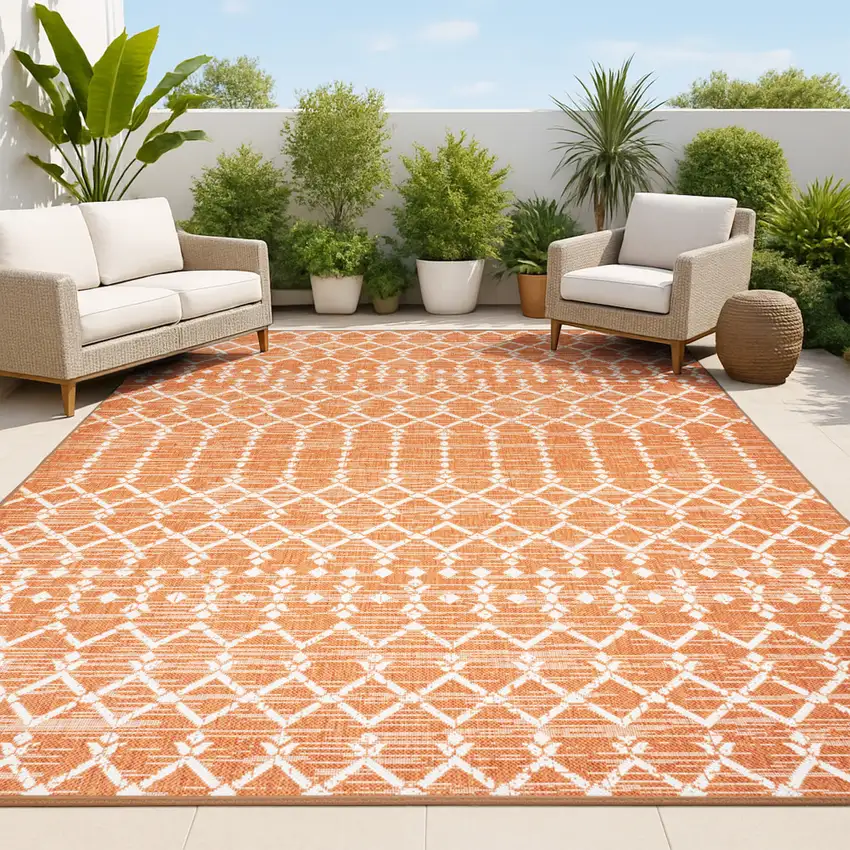 Orange And Cream Trellis Indoor Outdoor Area Rug Photo 4