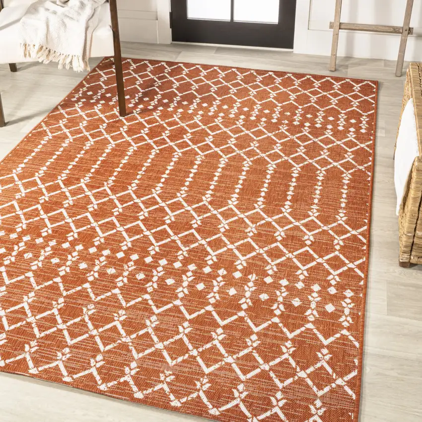 Orange And Cream Trellis Indoor Outdoor Area Rug Photo 5
