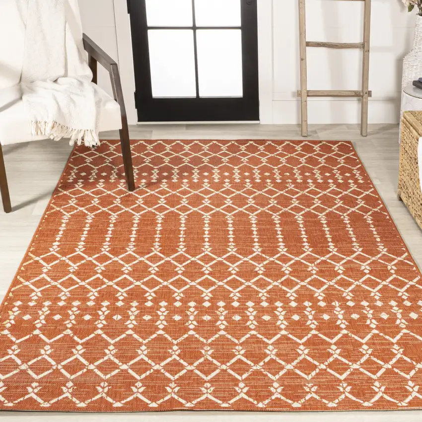 Orange And Cream Trellis Indoor Outdoor Area Rug Photo 7