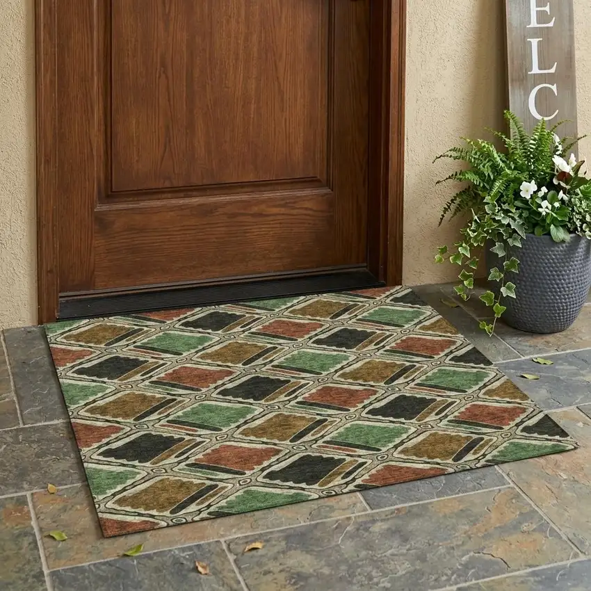 Orange And Emerald Geometric Washable Indoor Outdoor Area Rug Photo 1