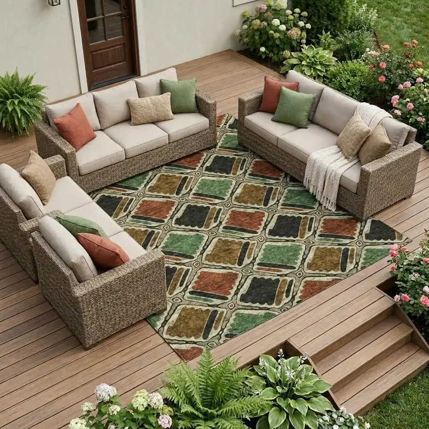 Orange And Emerald Geometric Washable Indoor Outdoor Area Rug Photo 1