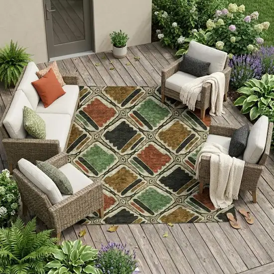 Orange And Emerald Geometric Washable Indoor Outdoor Area Rug Photo 1