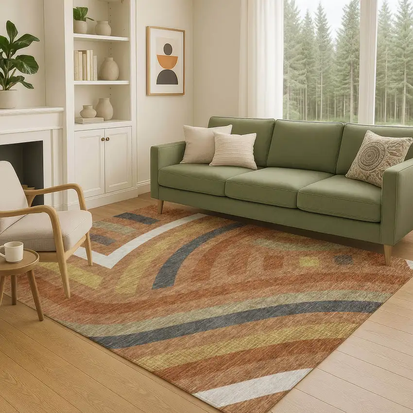 Orange And Gold Abstract Washable Indoor Outdoor Area Rug Photo 5