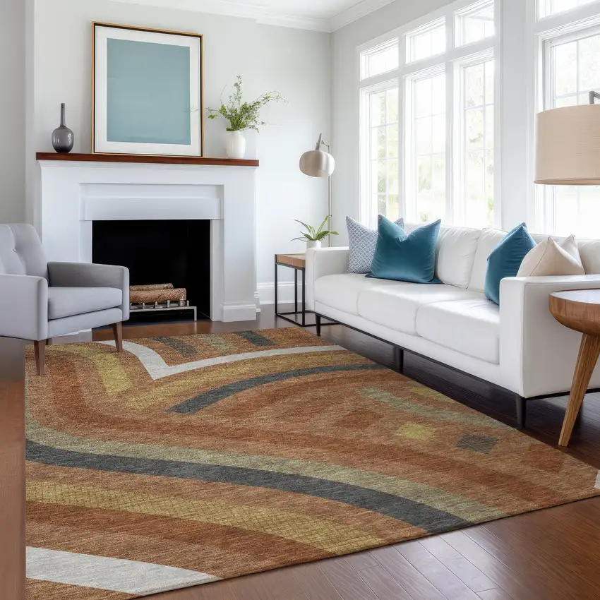 Orange And Gold Abstract Washable Indoor Outdoor Area Rug Photo 6