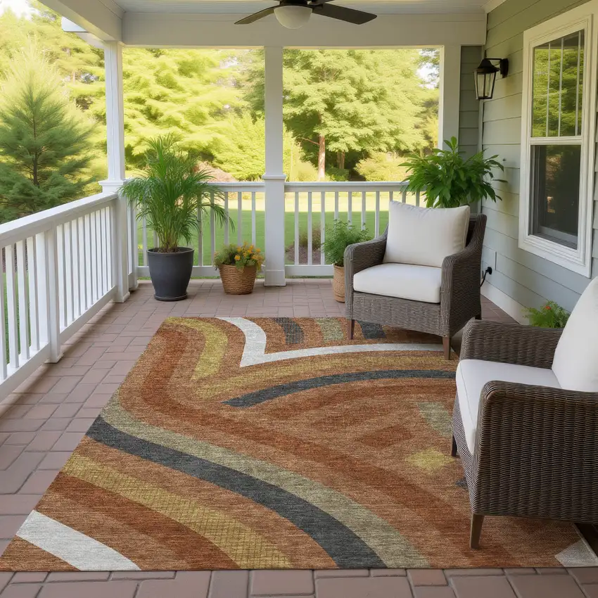 Orange And Gold Abstract Washable Indoor Outdoor Area Rug Photo 4