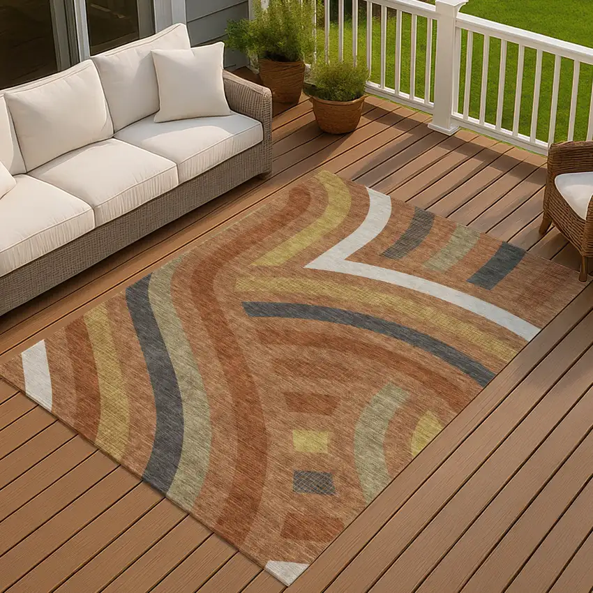 Orange And Gold Abstract Washable Indoor Outdoor Area Rug Photo 7