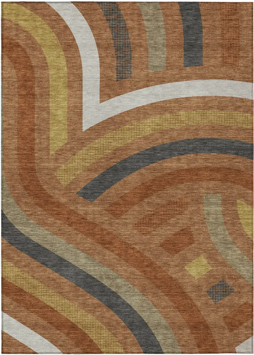 Orange And Gold Abstract Washable Indoor Outdoor Area Rug Photo 1