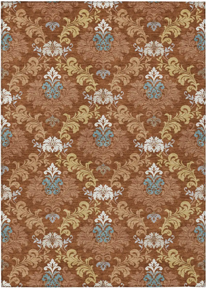 Orange And Gold Damask Washable Indoor Outdoor Area Rug Photo 1