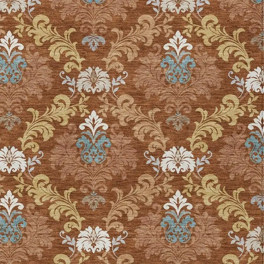 Orange And Gold Damask Washable Indoor Outdoor Area Rug Photo 2