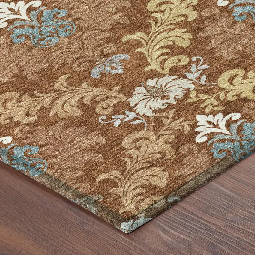 Orange And Gold Damask Washable Indoor Outdoor Area Rug Photo 8