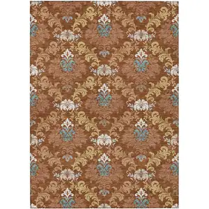 Photo of Orange And Gold Damask Washable Indoor Outdoor Area Rug