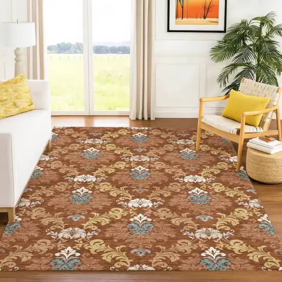 Orange And Gold Damask Washable Indoor Outdoor Area Rug Photo 6