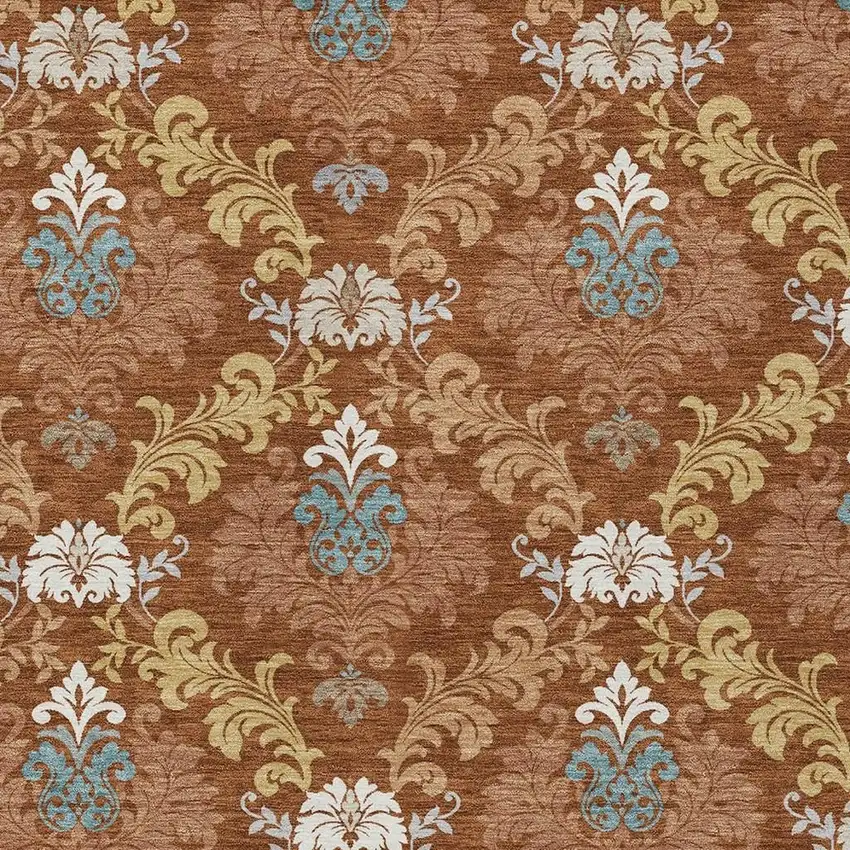 Orange And Gold Damask Washable Indoor Outdoor Area Rug Photo 2