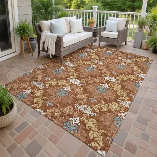 Orange And Gold Damask Washable Indoor Outdoor Area Rug Photo 4