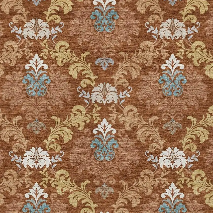 Orange And Gold Damask Washable Indoor Outdoor Area Rug Photo 2