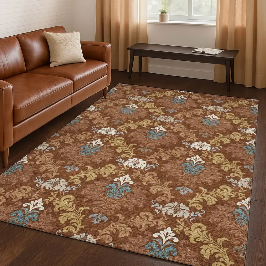 Orange And Gold Damask Washable Indoor Outdoor Area Rug Photo 5