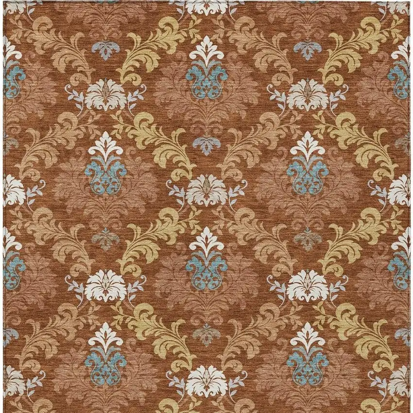 Orange And Gold Damask Washable Indoor Outdoor Area Rug Photo 3