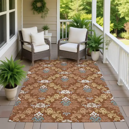 Orange And Gold Damask Washable Indoor Outdoor Area Rug Photo 7