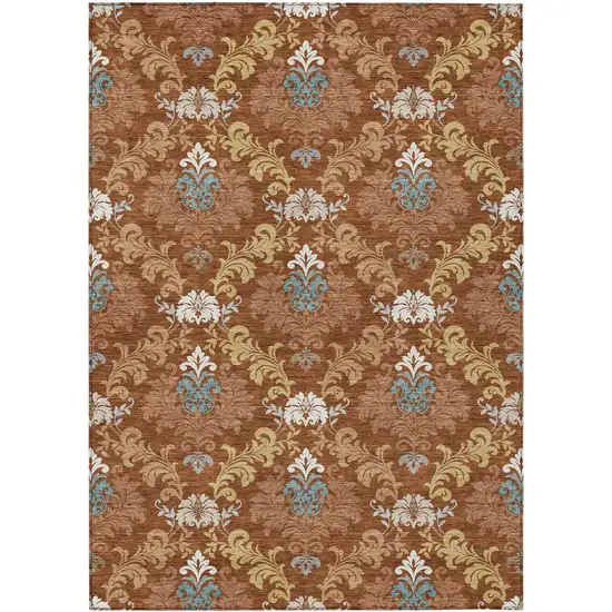 Orange And Gold Damask Washable Indoor Outdoor Area Rug Photo 1