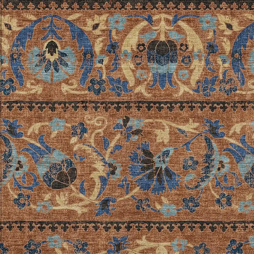 Orange And Gold Floral Washable Indoor Outdoor Area Rug Photo 2