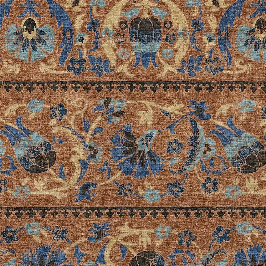 Orange And Gold Floral Washable Indoor Outdoor Area Rug Photo 2
