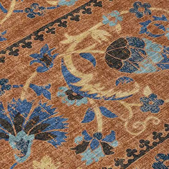 Orange And Gold Floral Washable Indoor Outdoor Area Rug Photo 9