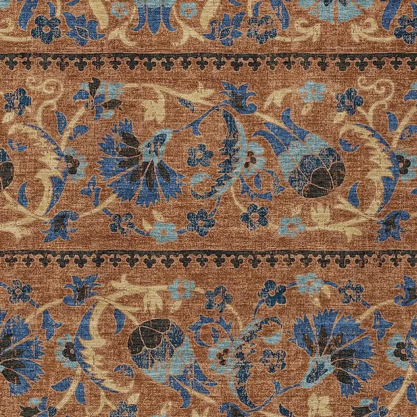 Orange And Gold Floral Washable Indoor Outdoor Area Rug Photo 2