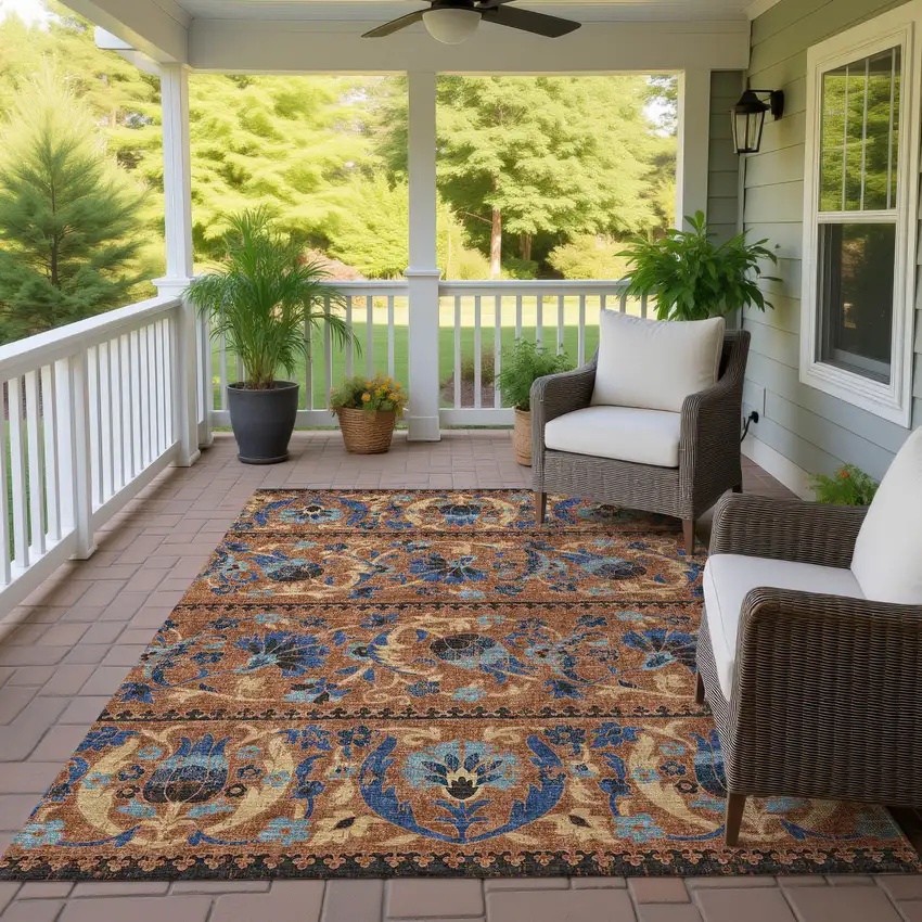 Orange And Gold Floral Washable Indoor Outdoor Area Rug Photo 4