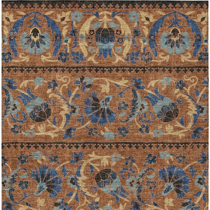 Orange And Gold Floral Washable Indoor Outdoor Area Rug Photo 3