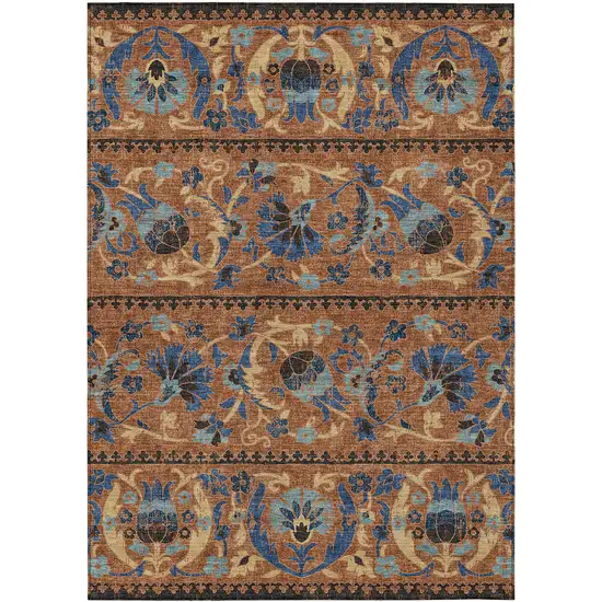 Orange And Gold Floral Washable Indoor Outdoor Area Rug Photo 1