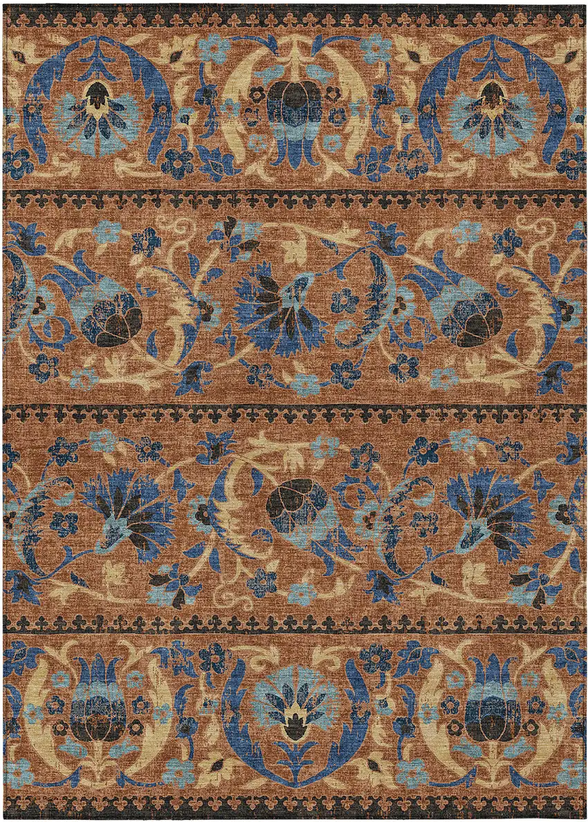 Orange And Gold Floral Washable Indoor Outdoor Area Rug Photo 1