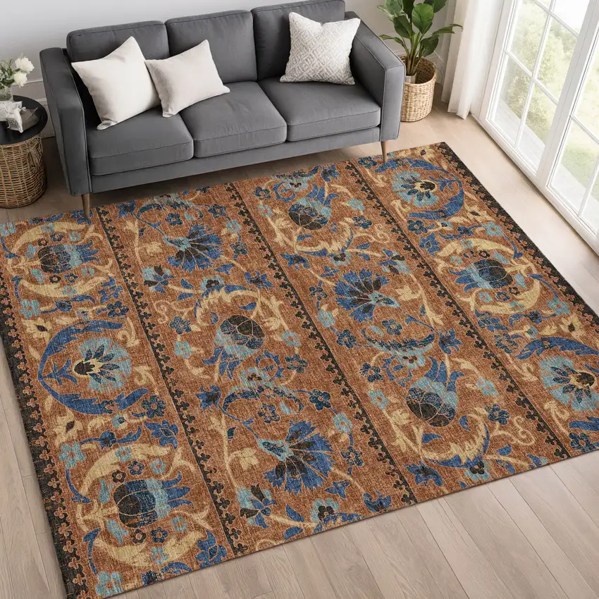 Orange And Gold Floral Washable Indoor Outdoor Area Rug Photo 6