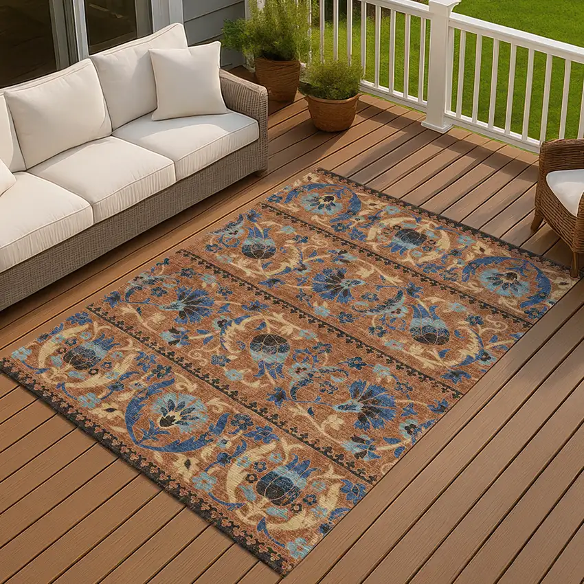 Orange And Gold Floral Washable Indoor Outdoor Area Rug Photo 7