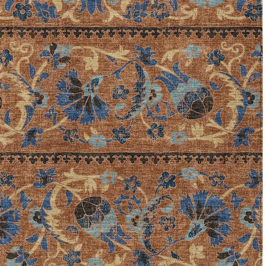 Orange And Gold Floral Washable Indoor Outdoor Area Rug Photo 2