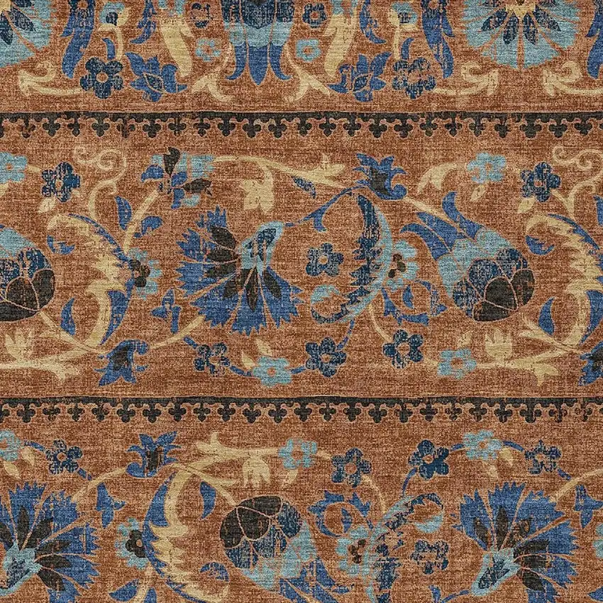 Orange And Gold Floral Washable Indoor Outdoor Area Rug Photo 2