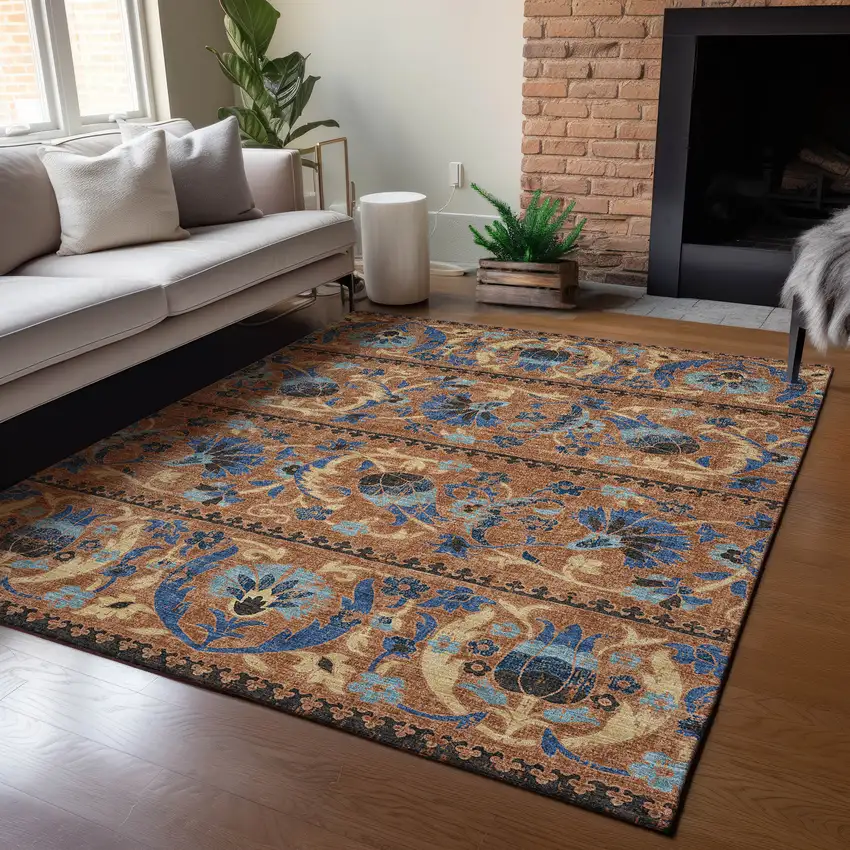 Orange And Gold Floral Washable Indoor Outdoor Area Rug Photo 5