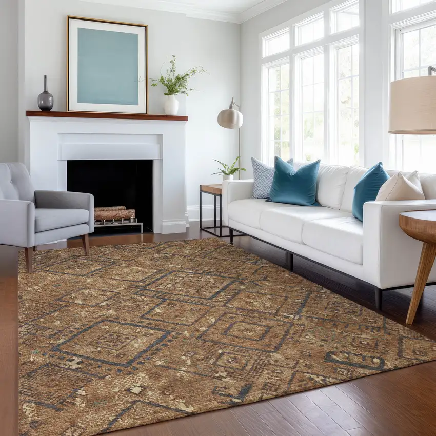 Orange And Gold Geometric Washable Indoor Outdoor Area Rug Photo 6