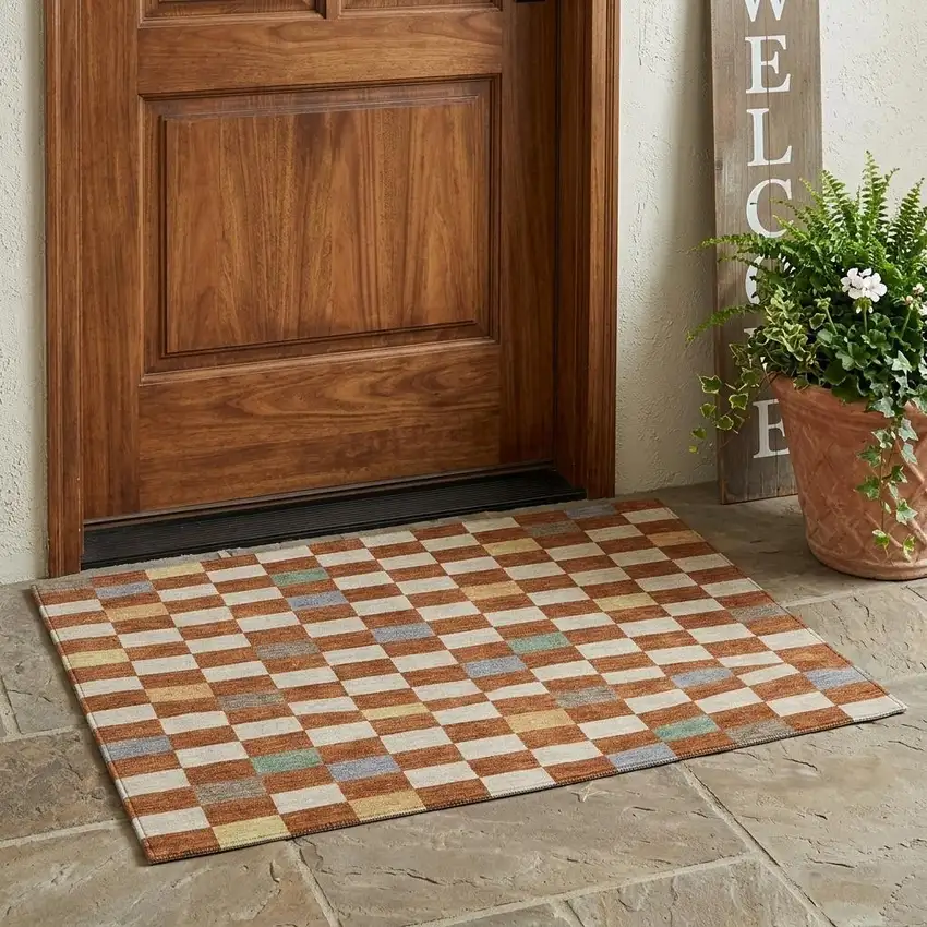 Orange And Gold Geometric Washable Indoor Outdoor Area Rug Photo 1