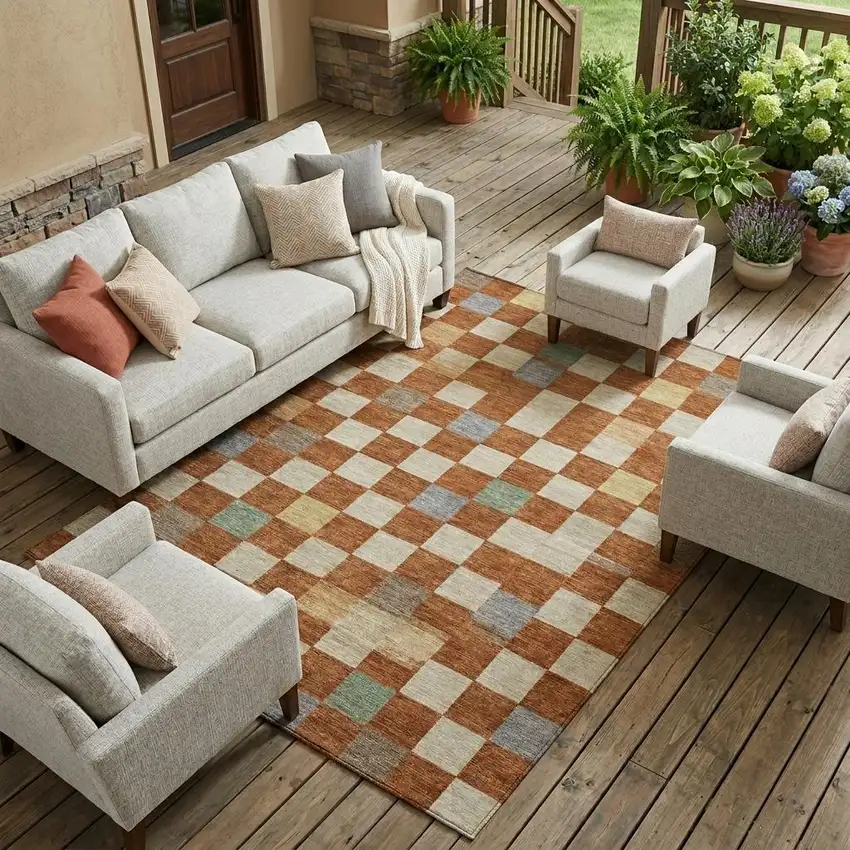 Orange And Gold Geometric Washable Indoor Outdoor Area Rug Photo 1