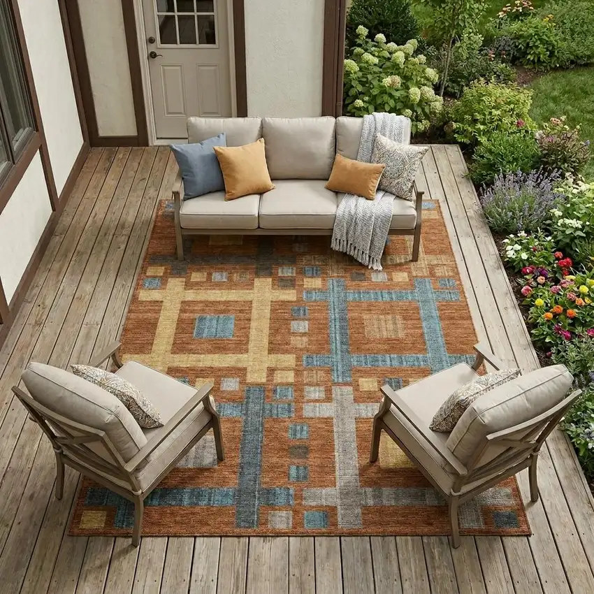 Orange And Gold Geometric Washable Indoor Outdoor Area Rug Photo 1