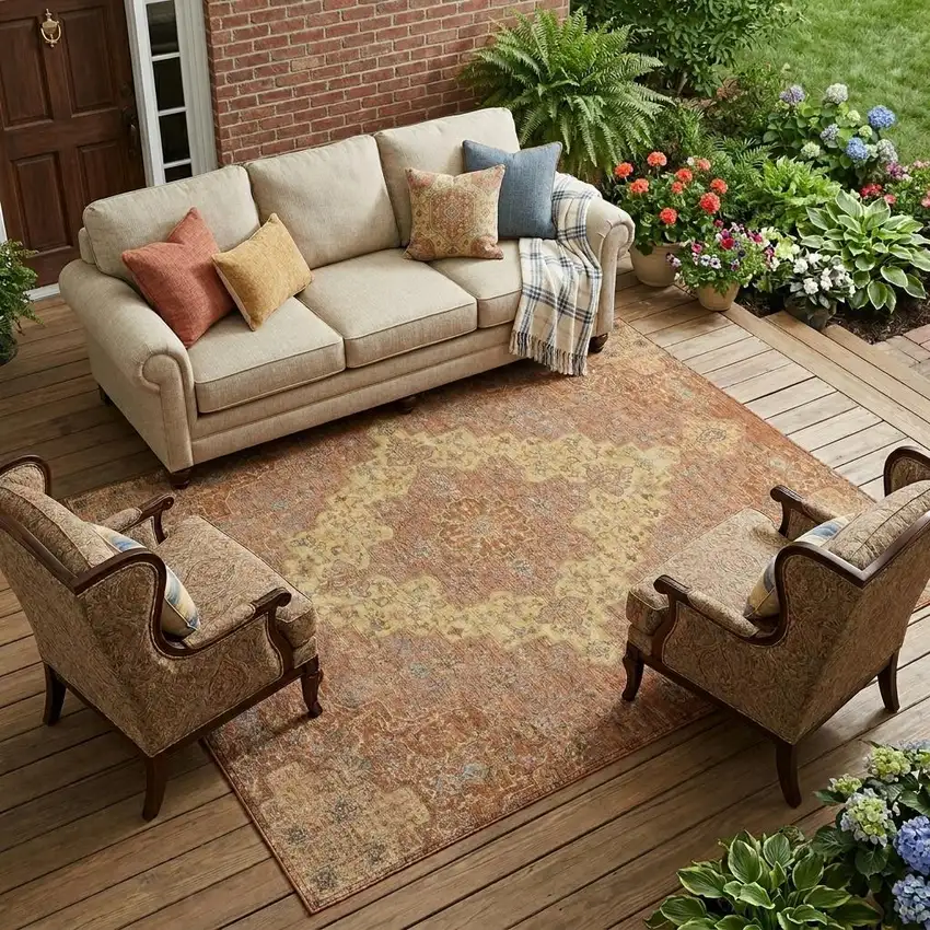 Orange And Gold Medallion Washable Indoor Outdoor Area Rug Photo 1