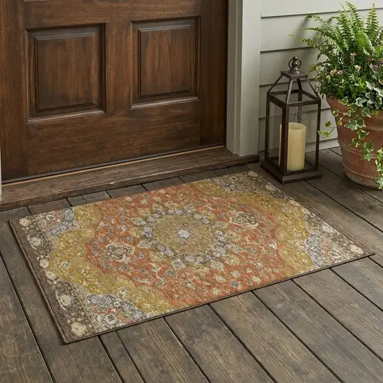 Orange And Gold Oriental Washable Indoor Outdoor Area Rug Photo 1