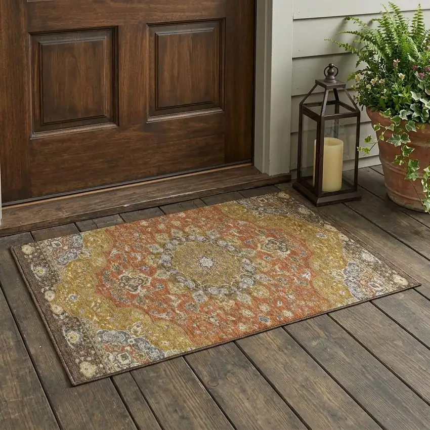 Orange And Gold Oriental Washable Indoor Outdoor Area Rug Photo 1