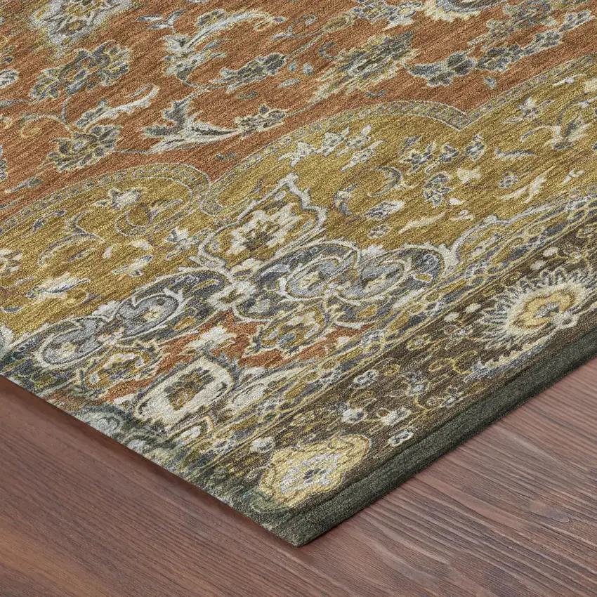 Orange And Gold Oriental Washable Indoor Outdoor Area Rug Photo 3