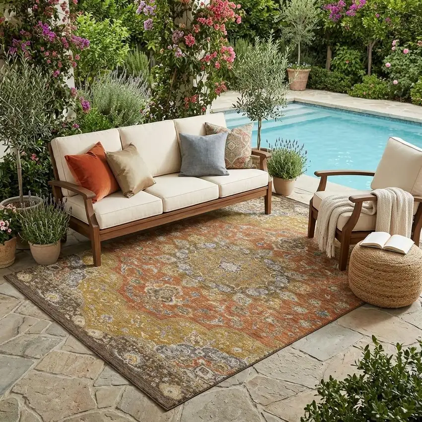 Orange And Gold Oriental Washable Indoor Outdoor Area Rug Photo 1
