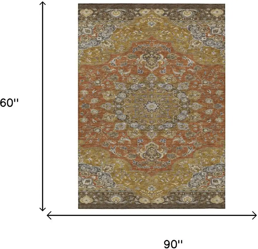 Orange And Gold Oriental Washable Indoor Outdoor Area Rug Photo 5